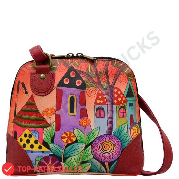 Hand-Painted Leather Crossbody Bag Multi Compartment Organizer Chic Elegant